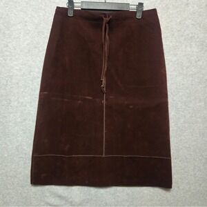 Vintage Brown Faux Suede A Line Skirt Womens Large Drawstring Waist Back Zip